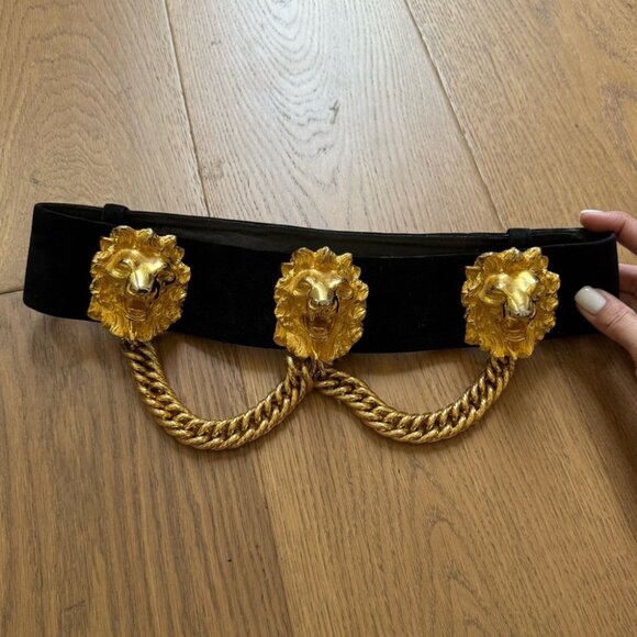 Judith Lieber Vintage 80s Lionshead Adjustable Belt - Suede & Gold Hardware - Picture 1 of 11